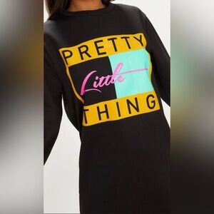 PrettyLittleThing Black Sweatshirt Tunic Dress with Bold Graphic Size 6 NWOT
